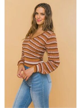 Lovecollette Crochet Knit Sweater Rust Striped Boho V Neck Crop L